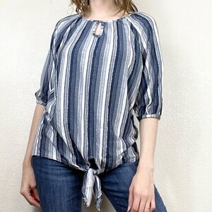 Rain Chambray Blue Striped Knot Hem Half Sleeve Blouse